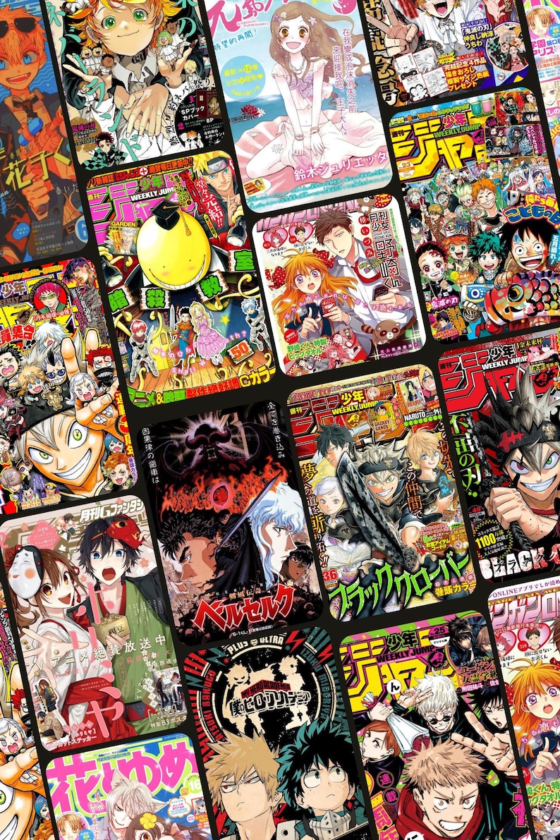 May include: A collage of colorful magazine covers featuring popular Japanese manga series, including "Black Clover", "My Hero Academia", "Jujutsu Kaisen", "Chainsaw Man", and "Demon Slayer".