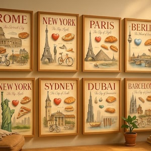 Custom Vintage City Prints Set of 8 –Personalized Travel Poster, Digital Download Wall Art, Any 8 Cities Like Paris, Rome, New York and more