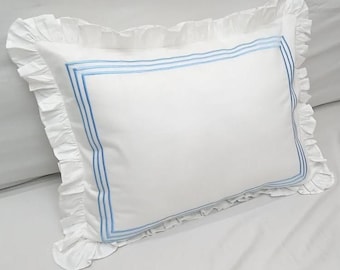 Edge Ruffle Triple Embroidery pillow sham White 100% Cotton Sateen set of 2