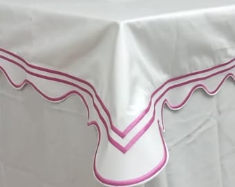 Poly cotton Scalloped and double border Embroidery Wrinkle Resistant Rectangle Table Cloth