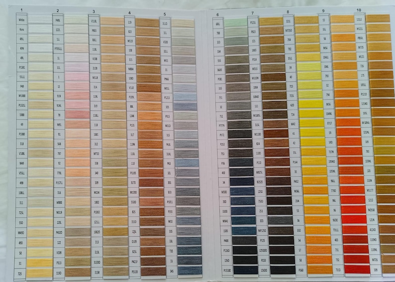 May include: A color chart displaying a wide range of thread colors. The chart is organized in columns, with each column showcasing a gradient of shades. Colors range from white and beige to various shades of brown, blue, and yellow.