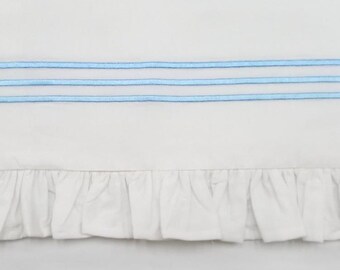 White Cotton Sateen Crib Skirt: Ruffle Edge, Triple Embroidery