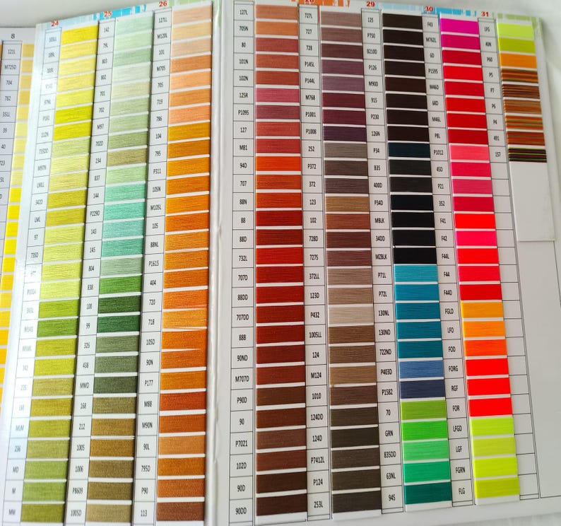 May include: A color chart for embroidery floss, featuring a wide array of hues. The chart displays organized rows of thread samples, ranging from vibrant yellows and greens to deep reds and blues. Each color is labeled with a number.
