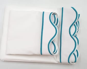 400 Thread Count White Cotton Sateen Hotel Stitch Scalloped and border Embroidery sheet set