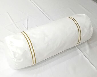 Bolster Pillow Cover Double embroidery White 100% cotton sateen (Set of 1 )