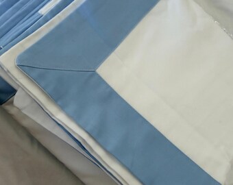 Blue Border White Sateen Sheet Set, 400 Thread Count Cotton