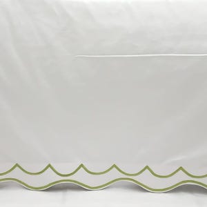 Double Scalloped Embroidery Crib skirt 100% Cotton Sateen Crib skirt with split corners; 4-sided skirt fits around the entire crib