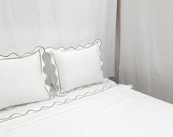 400 Thread count White cotton Sateen Hotel Stitch Scalloped and Border Embroidery Duvet Cover set