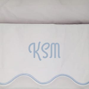 Personalized Monogram Scalloped Embroidery Crib skirt  100%  Cotton Sateen Crib skirt with split corners; 4-sided skirt