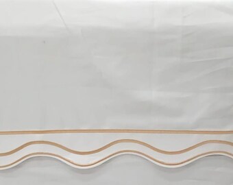 White Cotton Sateen Crib Skirt: Wavy Embroidery, Split Corners