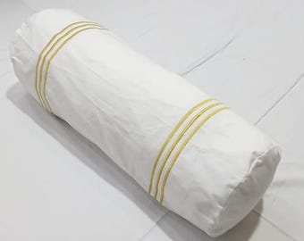 Bolster Pillow Cover Triple embroidery White 100% cotton sateen (Set of 1 )