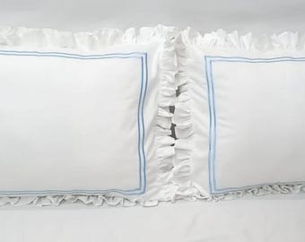 Edge Ruffle double Embroidery pillow sham White 100% Cotton Sateen set of 2