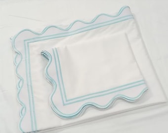 Scalloped and Double border Embroidery Duvet cover set 400 Thread Count White 100% Cotton Sateen