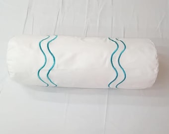 Bolster Pillow Cover Double Scalloped embroidery White 100% cotton sateen (Set of 1 )