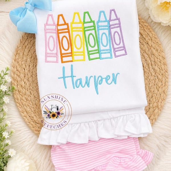 Personalized Back to School Crayon shirt | Custom Embroidered Name Shirt | Girls School Outfit | Preschool & Kindergarten Outfit