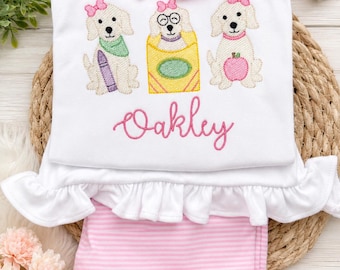 新学期向け子犬刺繍入り女の子用服｜名入れスクールシャツ｜カスタムネームシャツ｜女の子用学校服｜先生の子犬刺繍