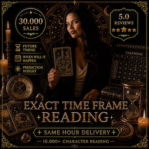 May include: An image promoting tarot card readings. The image features a woman holding a tarot card with the Wheel of Fortune. Text includes "Exact Time Frame Reading" and "Same Hour Delivery". Other elements include a calendar, hourglass, and candles.