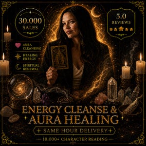 Peut inclure: Image publicitaire pour des services de nettoyage énergétique et de guérison de l'aura. La photo présente une femme tenant une carte de tarot, entourée de bougies, de cristaux et d'une boule de cristal. Le texte comprend "30 000 VENTES", "5.0 AVIS" et des détails de service.