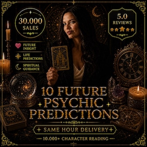 May include: An advertisement for psychic readings features a woman holding a tarot card labeled "The Lovers." The image includes candles, a crystal ball, and the text "10 Future + Psychic Predictions." Additional text includes "30,000 Sales" and "5.0 Reviews."