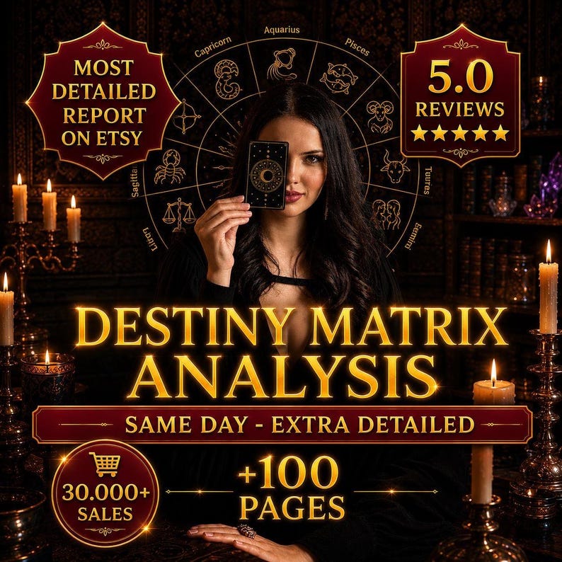 May include: An advertisement for a Destiny Matrix Analysis. The image shows a woman holding a tarot card, with astrological symbols behind her. Text includes "Most Detailed Report on Etsy," "5.0 Reviews," and "+100 Pages." The overall theme is astrology.