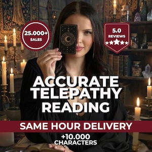 以下が含まれることがあります： 女性がタロットカードを顔の前に持っています。「ACCURATE TELEPATHY READING」と「SAME HOUR DELIVERY」というテキストが表示されています。「25,000+ SALES」と「5.0 REVIEWS」のバッジもあります。