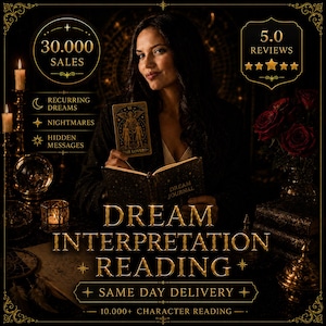 May include: A woman holds a tarot card and a book titled "Dream Journal" in a dark setting. The image promotes dream interpretation and reading services, with text indicating 30,000 sales and 5.0 reviews. Additional text includes "Recurring Dreams" and "Same Day Delivery."
