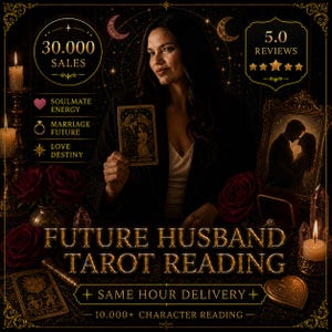 Op de afbeelding: Advertentie voor een tarot readingservice. De afbeelding toont een vrouw die een tarotkaart vasthoudt met het label "The Lovers". Tekst bevat "Future Husband Tarot Reading", "Soulmate Energy" en "Marriage Future".