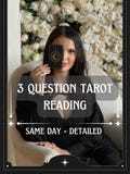 3-Question Tarot Reading, Same Hour, Tarot Cards Reading, Same Hour Readings, Detailed Guidance on Love, Career, Future