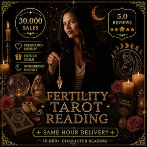 May include: An advertisement for a fertility tarot reading. The image features a woman holding a crystal pendulum, surrounded by candles, roses, and tarot cards. Text includes "Fertility Tarot Reading" and "Same Hour Delivery."