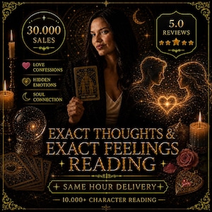 May include: An advertisement for a psychic reading service. The image features a woman holding a tarot card, with text that reads "Exact Thoughts & Exact Feelings + Reading." Other elements include candles, a crystal ball, and the text "30,000 Sales."