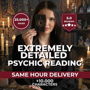 Może przedstawiać: Reklama wróżb. Tekst brzmi "BARDZO SZCZEGÓŁOWE CZYTANIE PSYCHICZNE" i "DOSTAWA W TEJ SAMEJ GODZINIE". Odznaki pokazują "25 000+ SPRZEDAŻY" i "5,0 OPINII".