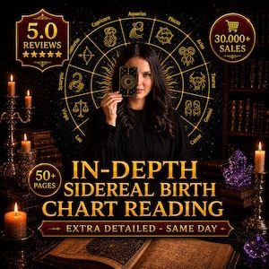 May include: An advertisement for a sidereal birth chart reading. The image features a woman holding a tarot card in front of her face, surrounded by zodiac symbols. Text includes "In-Depth Sidereal Birth Chart Reading" and "Extra Detailed - Same Day."