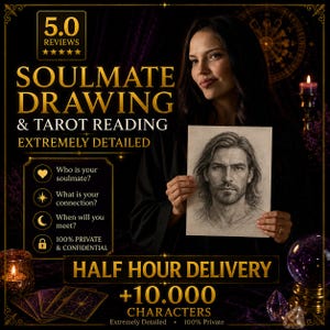 May include: An advertisement for a soulmate drawing and tarot reading service. The image features a woman holding a detailed pencil portrait of a man. Text includes "Soulmate Drawing & Tarot Reading" and "Half Hour Delivery".