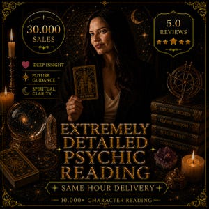 Może przedstawiać: Reklama czytania z kart tarota z kobietą trzymającą kartę tarota. Obraz zawiera świece, książki z tytułami takimi jak "Psychic Secrets" i tekst "Niezwykle szczeg&oacute;łowe czytanie z kart."