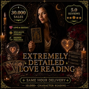 May include: An advertisement for love readings features a woman holding a tarot card labeled "The Lovers." The image includes text such as "Extremely Detailed Love Reading," "Same Hour Delivery," and "10,000+ Character Reading."