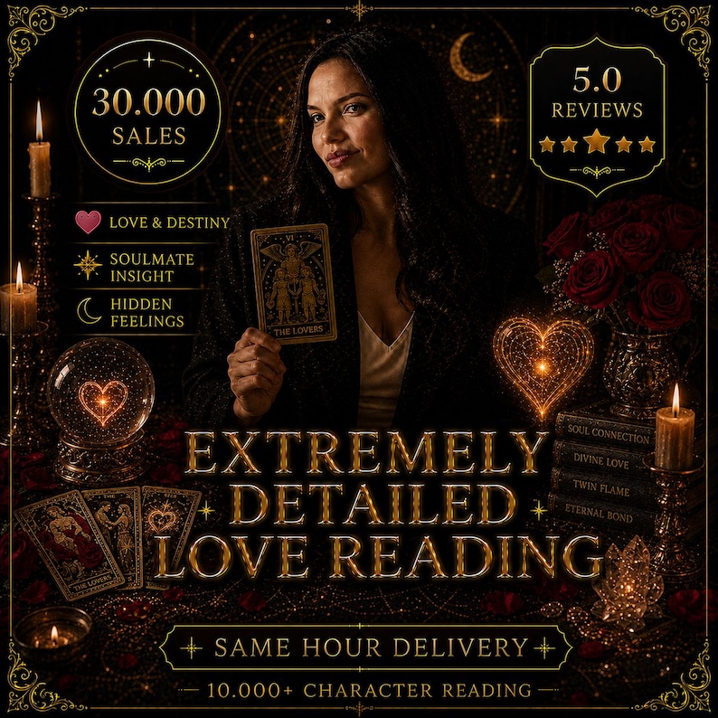 Peut inclure: Publicit&eacute; pour des lectures amoureuses avec une femme tenant une carte de tarot. Le texte comprend "Lecture d'amour extr&ecirc;mement d&eacute;taill&eacute;e", "Livraison le jour m&ecirc;me" et "Lecture de plus de 10 000 caract&egrave;res".