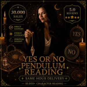 Pode incluir: Uma mulher segurando um pêndulo de cristal em um cenário escuro com velas e desenhos celestiais. A imagem inclui o texto "YES OR NO PENDULUM READING" e "SAME HOUR DELIVERY". Texto adicional indica "30.000 SALES" e "5.0 REVIEWS".