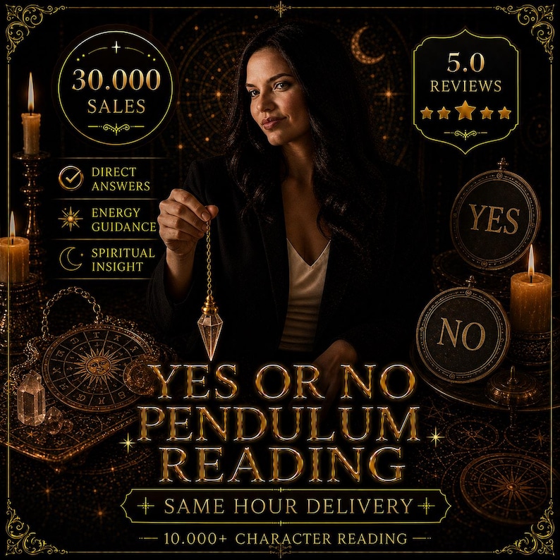 K&ouml;nnte beinhalten: Eine Frau h&auml;lt ein Kristallpendel in einer dunklen Umgebung mit Kerzen und Himmelsmustern. Das Bild enth&auml;lt den Text "YES OR NO PENDULUM READING" und "SAME HOUR DELIVERY". Zus&auml;tzlicher Text zeigt "30.000 SALES" und "5.0 REVIEWS".