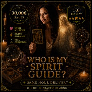 May include: An advertisement for spiritual guidance services. The image features a woman holding a tarot card, with text that reads "Who is my spirit guide?" and "Same hour delivery." Other elements include candles, a crystal ball, and the words "Spirit Messages" and "Divine Guidance."
