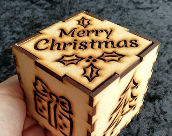 Merry Christmas 3-inch laser cut cube kit featuring Snowflake, Christmas Tree, Snowman,  and Present Cutout Designs