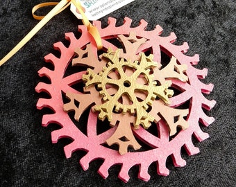 Steampunk Sunset Coral, Rose, and Copper Gear and Snowflake Christmas Ornament, 4-inch