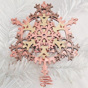 Mini 5-inch Steampunk Tree Topper Snowflake Gears, shown in Warm Metallics image 1