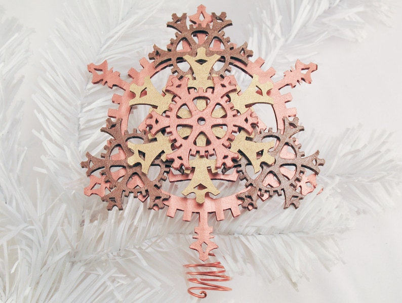 Mini 5-inch Steampunk Tree Topper Snowflake Gears, shown in Warm Metallics image 1