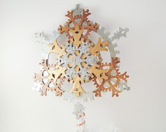 Small 8-inch Ornate Steampunk Tree Topper with Snowflake Gears in Metallic Tones of Brass, Antique Brass, and Silver