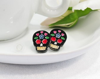 Multicolor Blue and Red Hand-Painted Black Sugar Skull Stud Earring