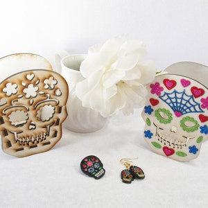 Multicolor Blue and Orange Hand-Painted Black Sugar Skull Stud Earring image 2