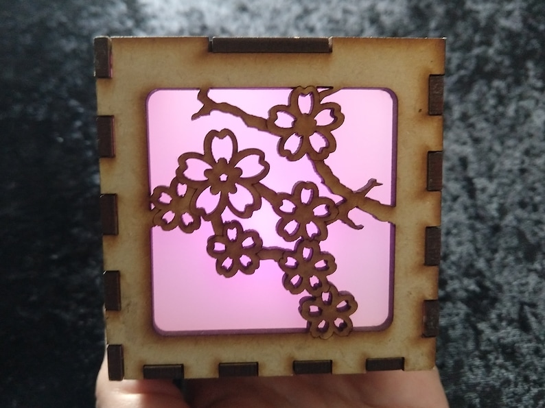 Sakura Cherry Blossom 3-inch laser cut cube kit with translucent film and pink LED image 1