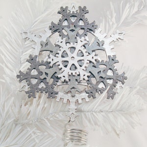 Mini 5-inch Steampunk Tree Topper Snowflake Gears, shown in Warm Metallics image 3