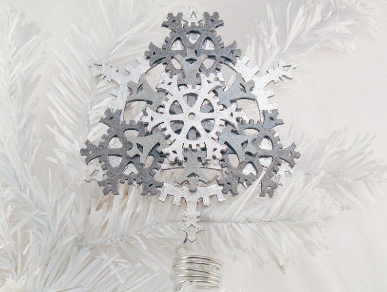 Mini 5-inch Steampunk Tree Topper Snowflake Gears, shown in Warm Metallics image 3