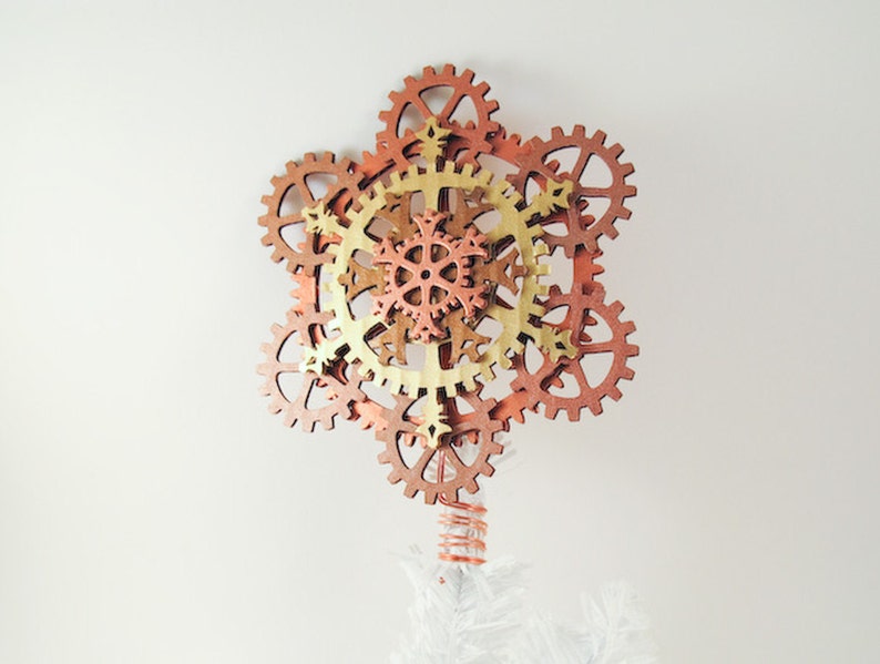 Steampunk Tree Topper Gears and Snowflakes 6.5-inch in Warm Metallics image 2
